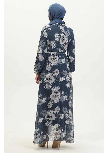 Gül Desenli Kuşaklı Şifon Elbise 81832-04 Lacivert indirimleri