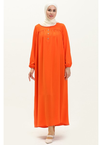 Düğmeli Robalı Elbise 1001-02 Oranj
