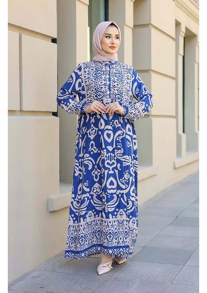 Desenli Yarım Patlı Elbise 4101-01 Indigo