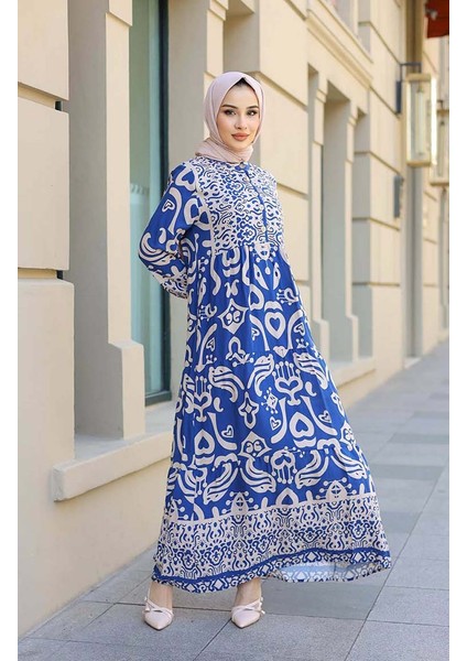 Desenli Yarım Patlı Elbise 4101-01 Indigo