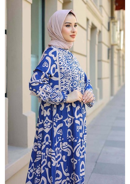 Desenli Yarım Patlı Elbise 4101-01 Indigo