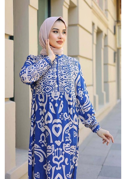Desenli Yarım Patlı Elbise 4101-01 Indigo