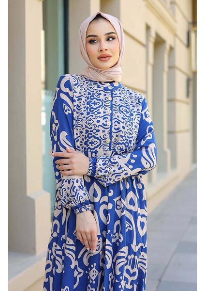 Desenli Yarım Patlı Elbise 4101-01 Indigo