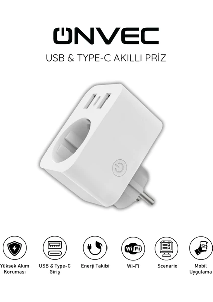 Usb Type-c Akıllı Tekli Priz, WiFi + BLE, Google Home ve Amazon Alexa Uyumlu, Uzaktan Kontrol, Anlık Enerji Tüketimi Takip, Zamanlayıcı Özellikli