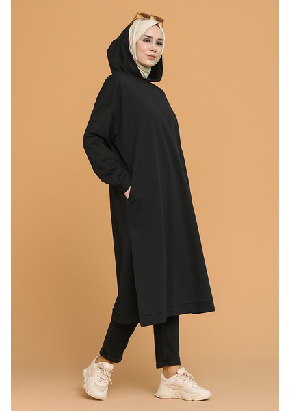 Kapüşonlu Spor Tunik 3007-01 Siyah