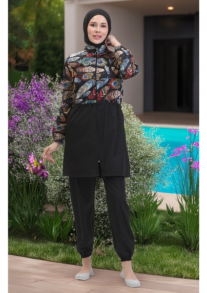 Tropikal Beli Lastikli Tesettür Mayo Kadınlar İçin Renkli Desenli Siyah