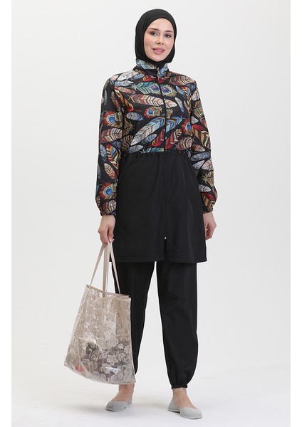 Tropikal Beli Lastikli Tesettür Mayo Kadınlar İçin Renkli Desenli Siyah fiyatları