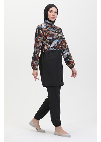 Tropikal Beli Lastikli Tesettür Mayo Kadınlar İçin Renkli Desenli Siyah modelleri