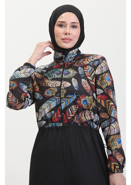 Tropikal Beli Lastikli Tesettür Mayo Kadınlar İçin Renkli Desenli Siyah fırsatları