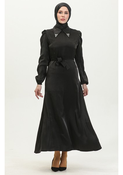 Simli Keten Kuşaklı Elbise 81857-01 Siyah