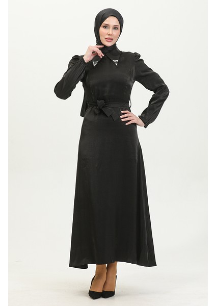 Simli Keten Kuşaklı Elbise 81857-01 Siyah fiyatları