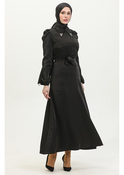 Simli Keten Kuşaklı Elbise 81857-01 Siyah modelleri