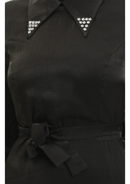 Simli Keten Kuşaklı Elbise 81857-01 Siyah indirimleri