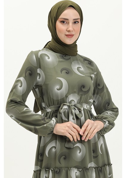 Desenli Kuşaklı Şifon Elbise 81835-03 Haki