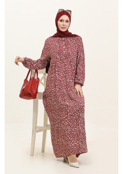 Büyük Beden Desenli Viskon Elbise 4086-01 Bordo