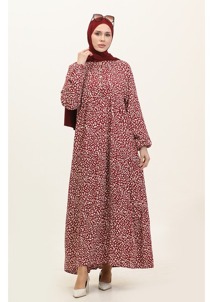 Büyük Beden Desenli Viskon Elbise 4086-01 Bordo fiyatları