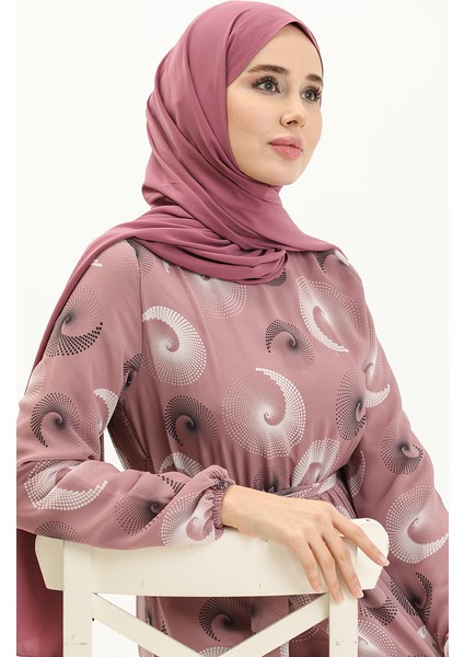 Desenli Kuşaklı Şifon Elbise 81835-01 Gül Kurusu modelleri