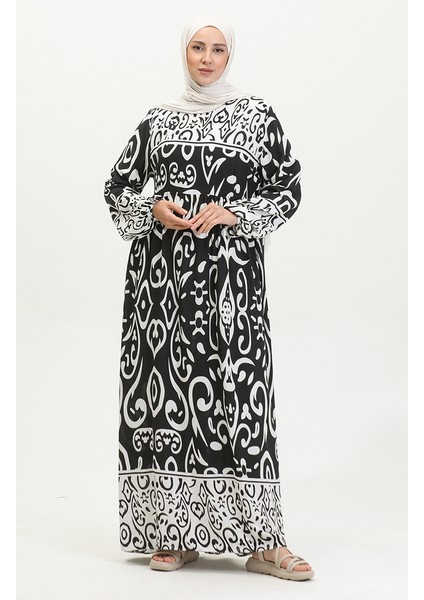 Desenli Viskon Elbise 81862-04 Siyah