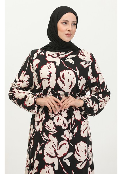 Çiçek Desenli Viskon Elbise 5007-03 Siyah Bordo