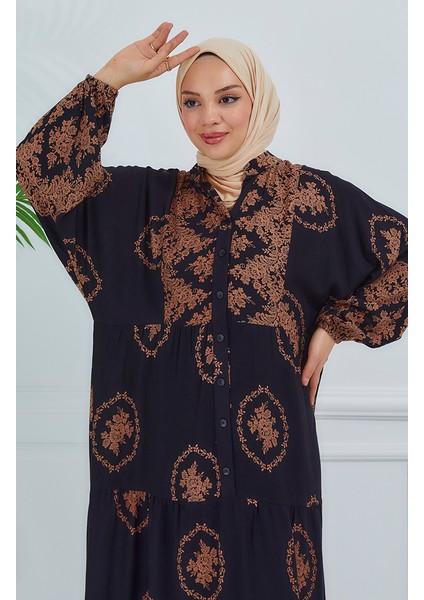 Balon Kol Desenli Elbise 5585-03 Siyah
