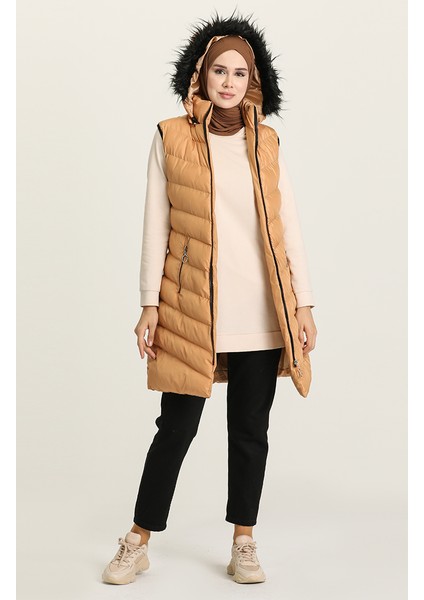 Kapüşonlu Kapitone Şişme Yelek 7003-02 Camel