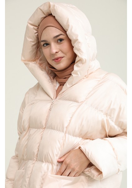 Kapitone Fermuarlı Şişme Mont 7001-09 Ekru