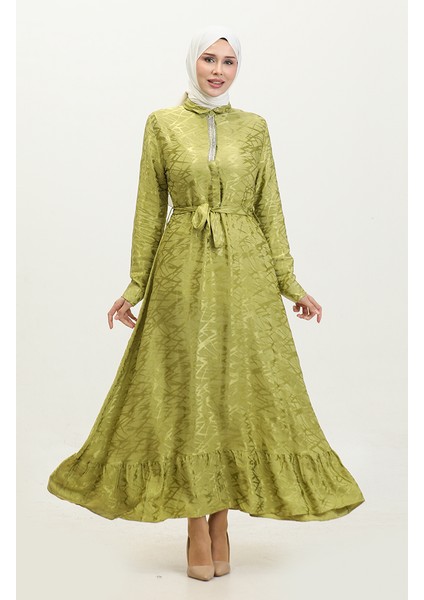 Gömlek Yaka Desenli Elbise 81854-05 Fıstık Yeşili