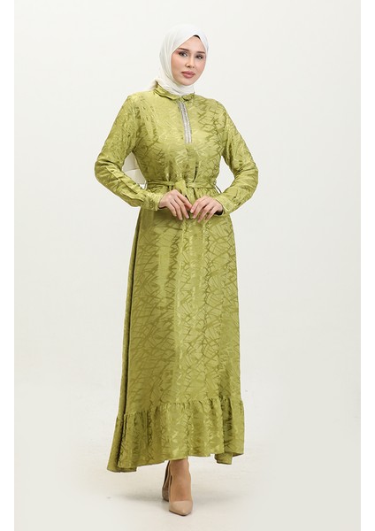 Gömlek Yaka Desenli Elbise 81854-05 Fıstık Yeşili