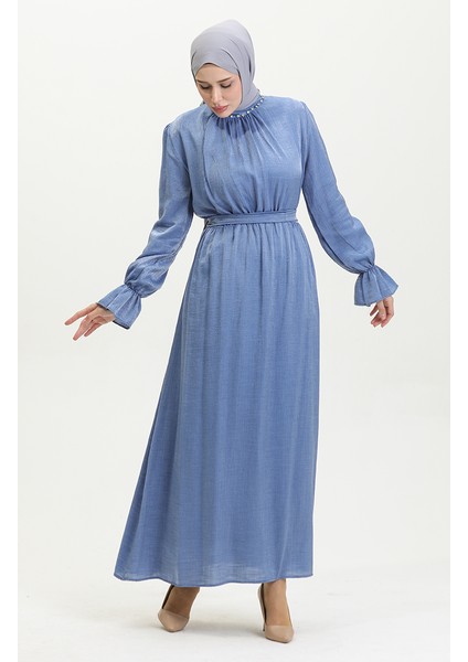 Simli Keten Kuşaklı Elbise 81853-08 Indigo