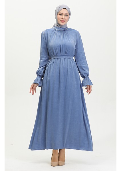 Simli Keten Kuşaklı Elbise 81853-08 Indigo fiyatları
