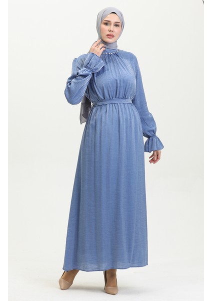 Simli Keten Kuşaklı Elbise 81853-08 Indigo modelleri