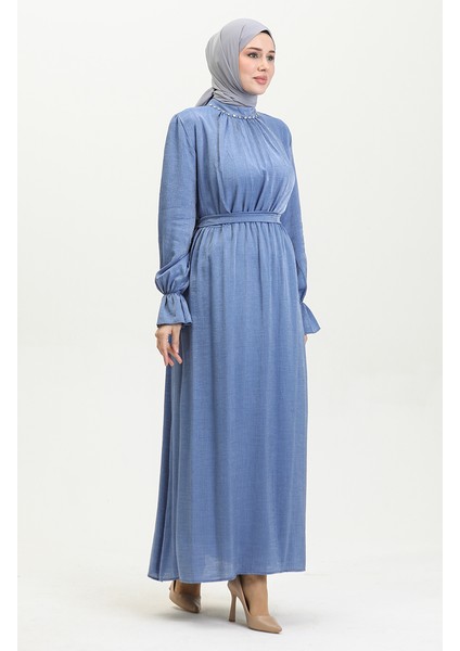 Simli Keten Kuşaklı Elbise 81853-08 Indigo indirimleri