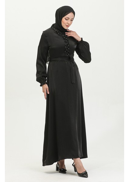 Simli Keten Kuşaklı Elbise 81863-02 Siyah