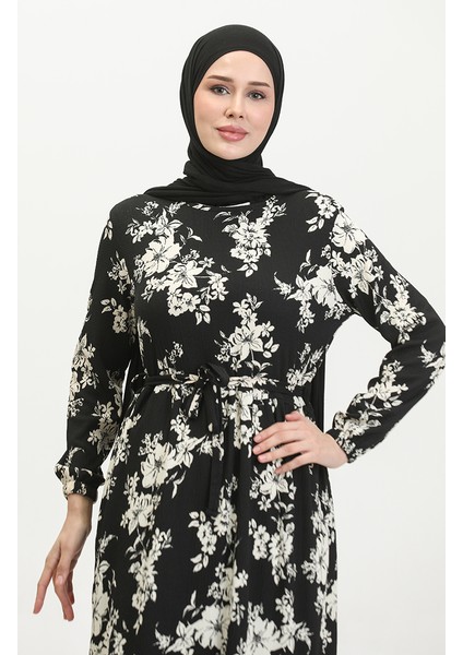 Bürümcük Kumaş Desenli Elbise 5010-01 Siyah