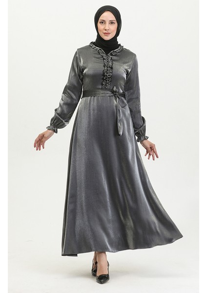 Simli Keten Kuşaklı Elbise 81863-05 Gümüş