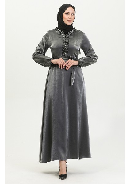 Simli Keten Kuşaklı Elbise 81863-05 Gümüş fiyatları