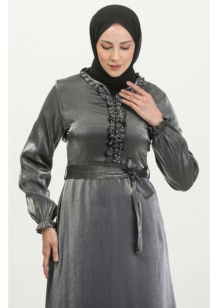 Simli Keten Kuşaklı Elbise 81863-05 Gümüş modelleri