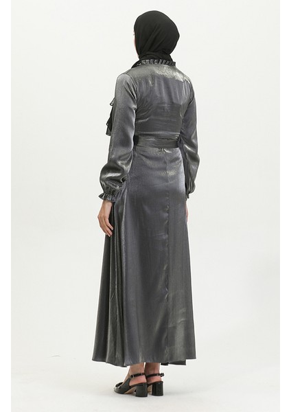 Simli Keten Kuşaklı Elbise 81863-05 Gümüş indirimleri