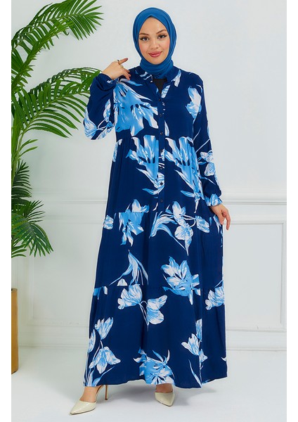 Çiçek Desenli Elbise 4094-02 Lacivert