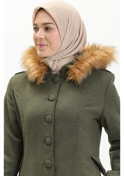 Kapüşonlu Kaşe Kaban 712010-04 Haki Yeşil