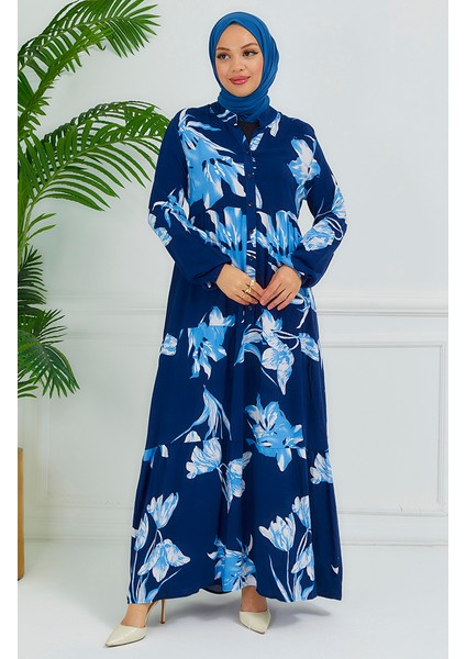 Çiçek Desenli Elbise 4094-02 Lacivert