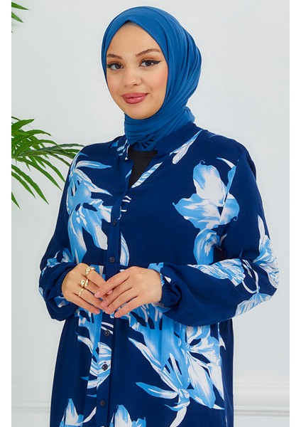 Çiçek Desenli Elbise 4094-02 Lacivert