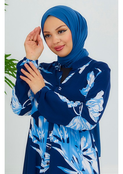 Çiçek Desenli Elbise 4094-02 Lacivert
