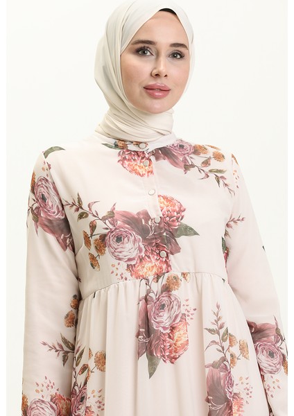 Çiçek Desenli Şifon Elbise 81842-01 Bej