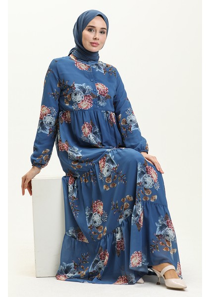 Çiçek Desenli Şifon Elbise 81842-03 Indigo