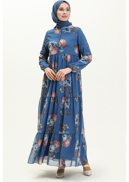 Çiçek Desenli Şifon Elbise 81842-03 Indigo