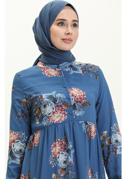 Çiçek Desenli Şifon Elbise 81842-03 Indigo