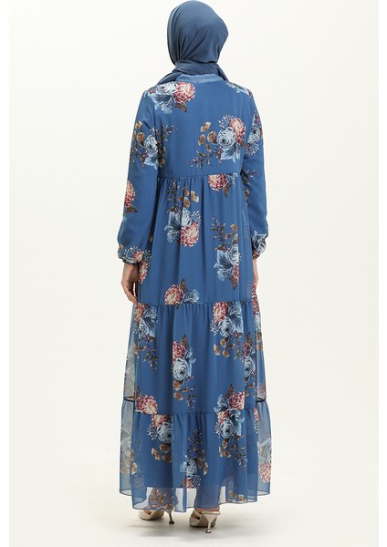 Çiçek Desenli Şifon Elbise 81842-03 Indigo