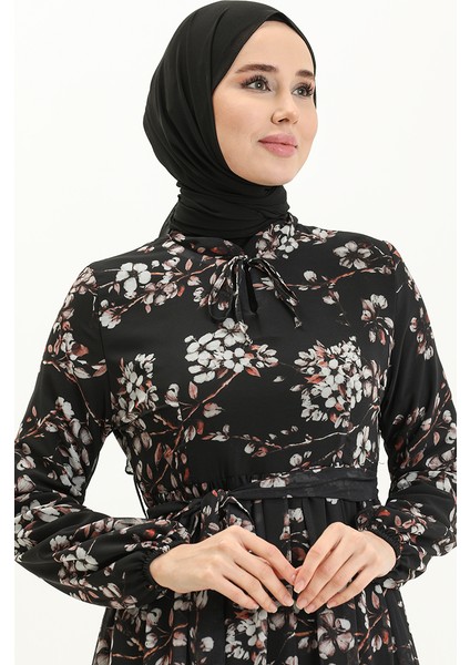 Çiçek Desenli Şifon Elbise 81823-01 Siyah modelleri