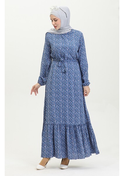 Desenli Viskon Elbise 81867-03 Indigo